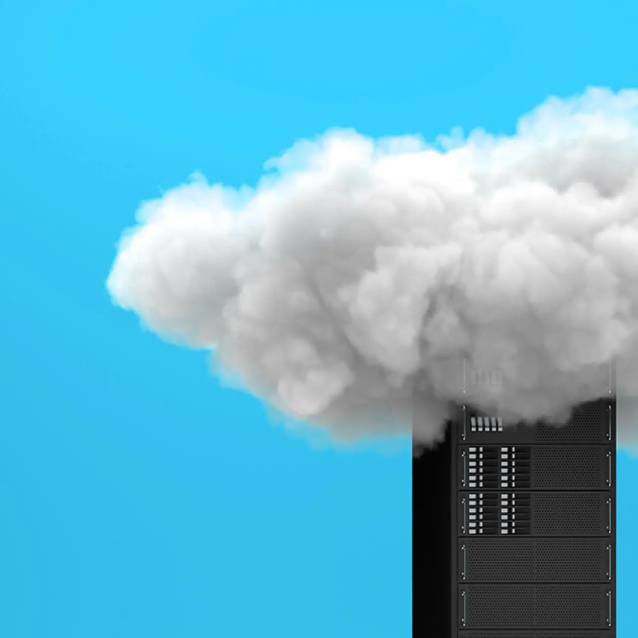Server mit Cloud-Computing-Technologie, umhüllt von einer Wolke, auf gelbem Hintergrund