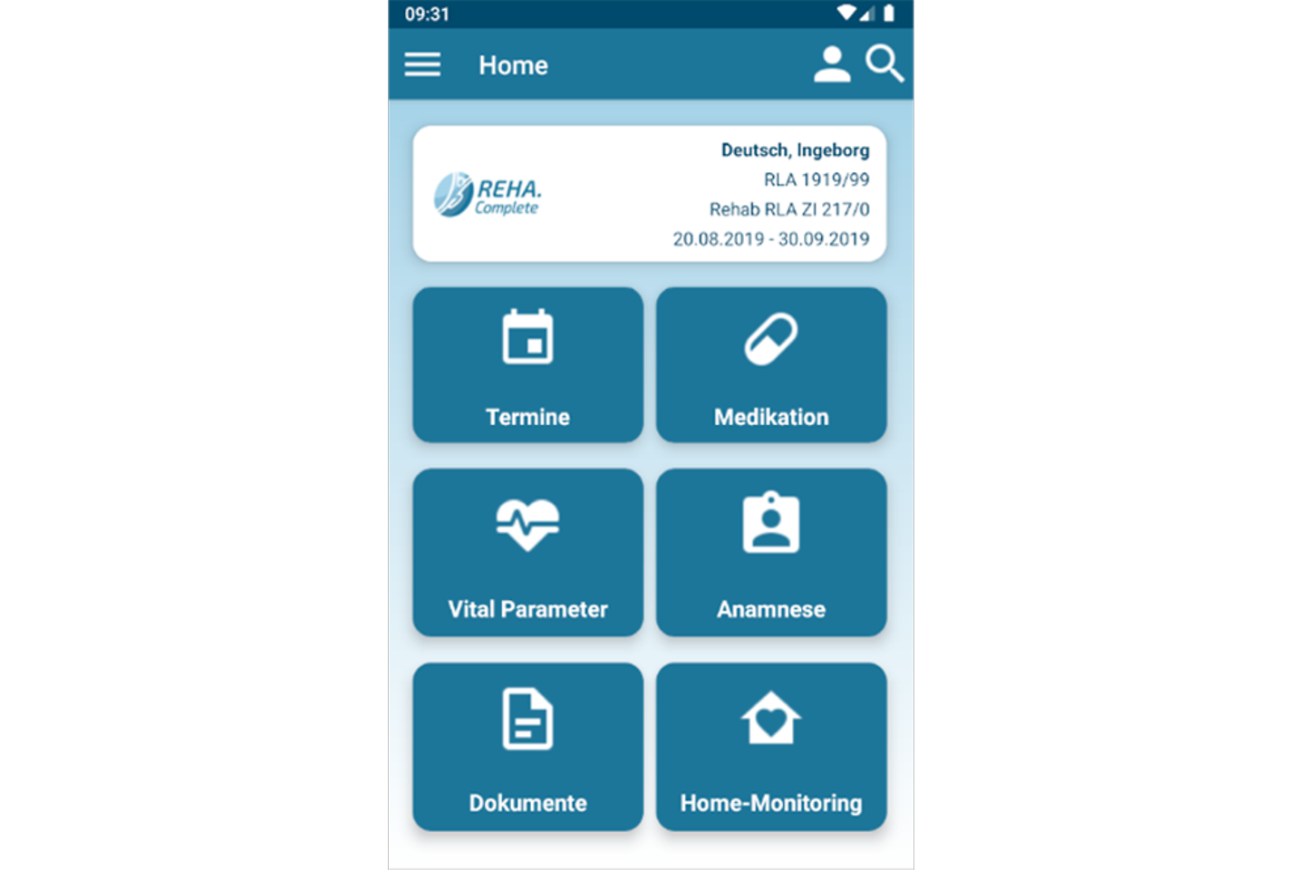 Home Screen der REHA.Patienten App