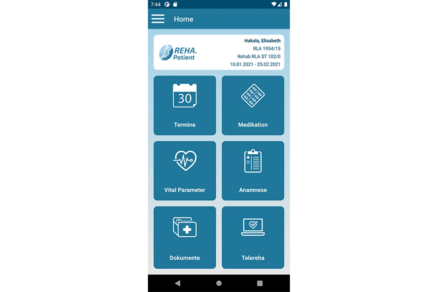 Home Screen der REHA.Patienten App