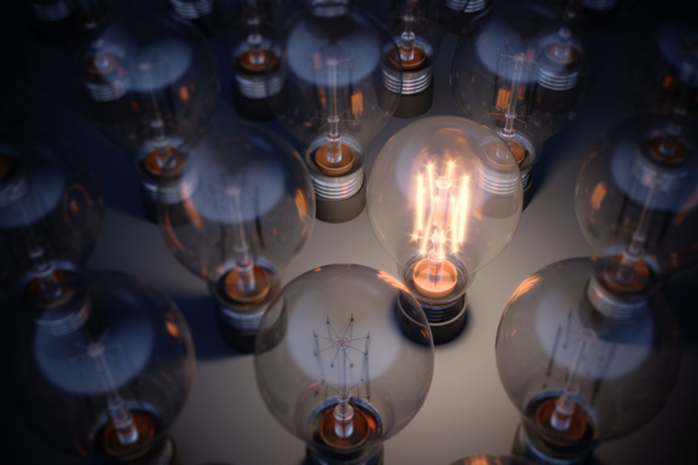 Picture shows several light bulbs, one of them is lit