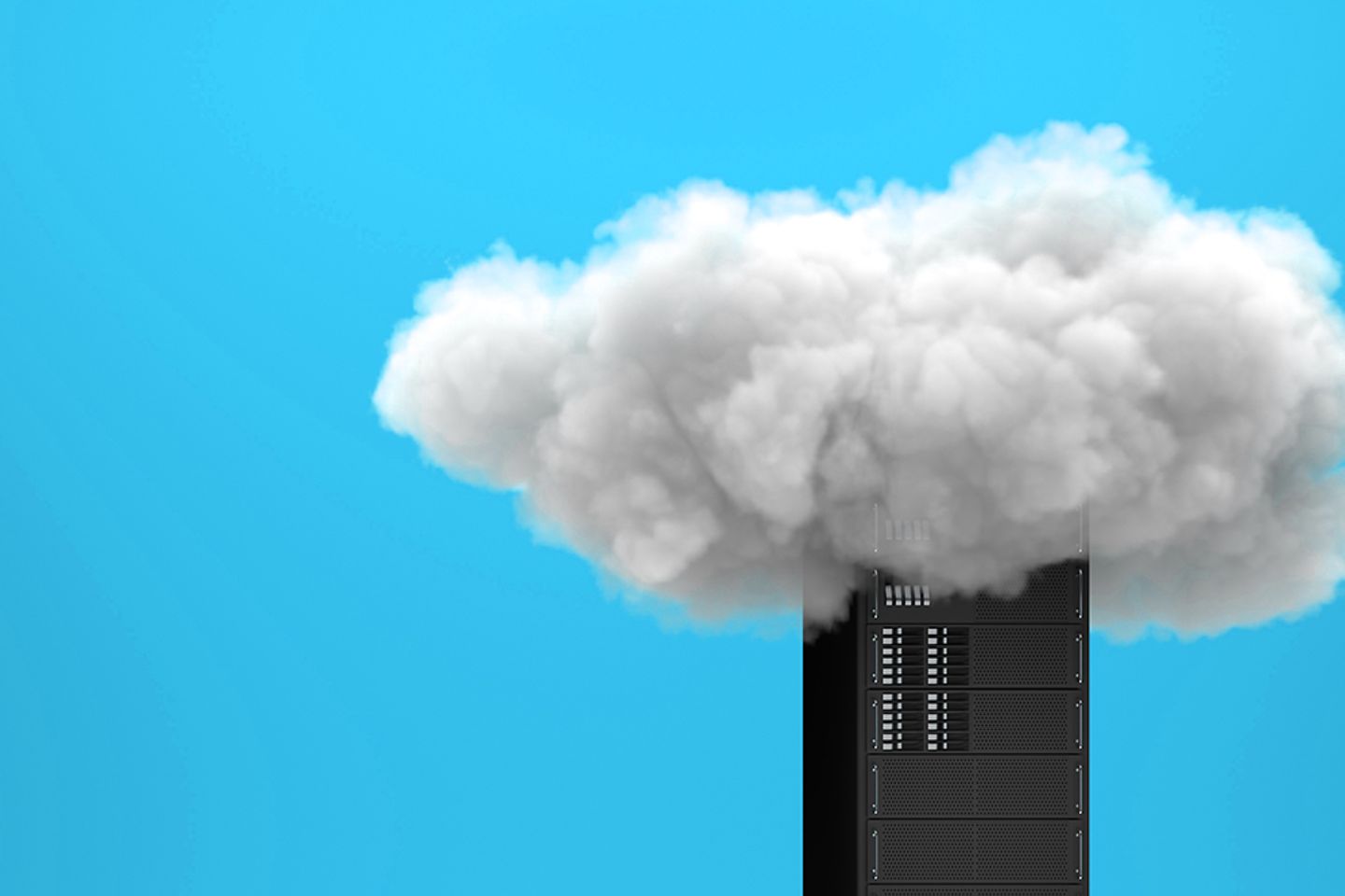 Serveur avec technologie de cloud computing enveloppé dans un nuage sur fond jaune