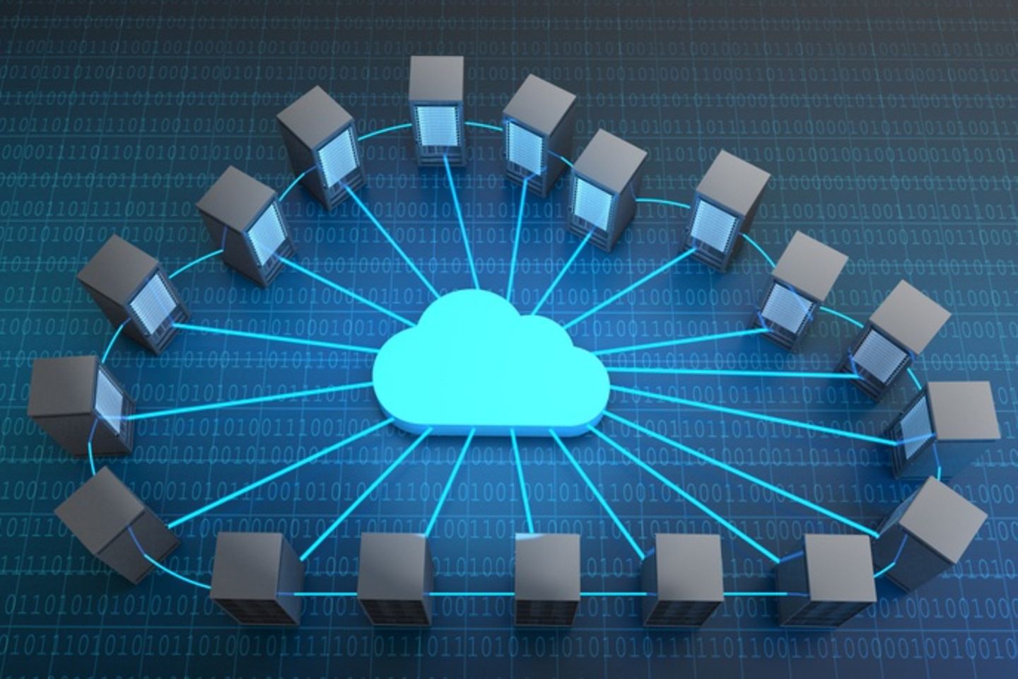 Virtuele afbeelding van een wolk van waaruit lijnen naar servers gaan.