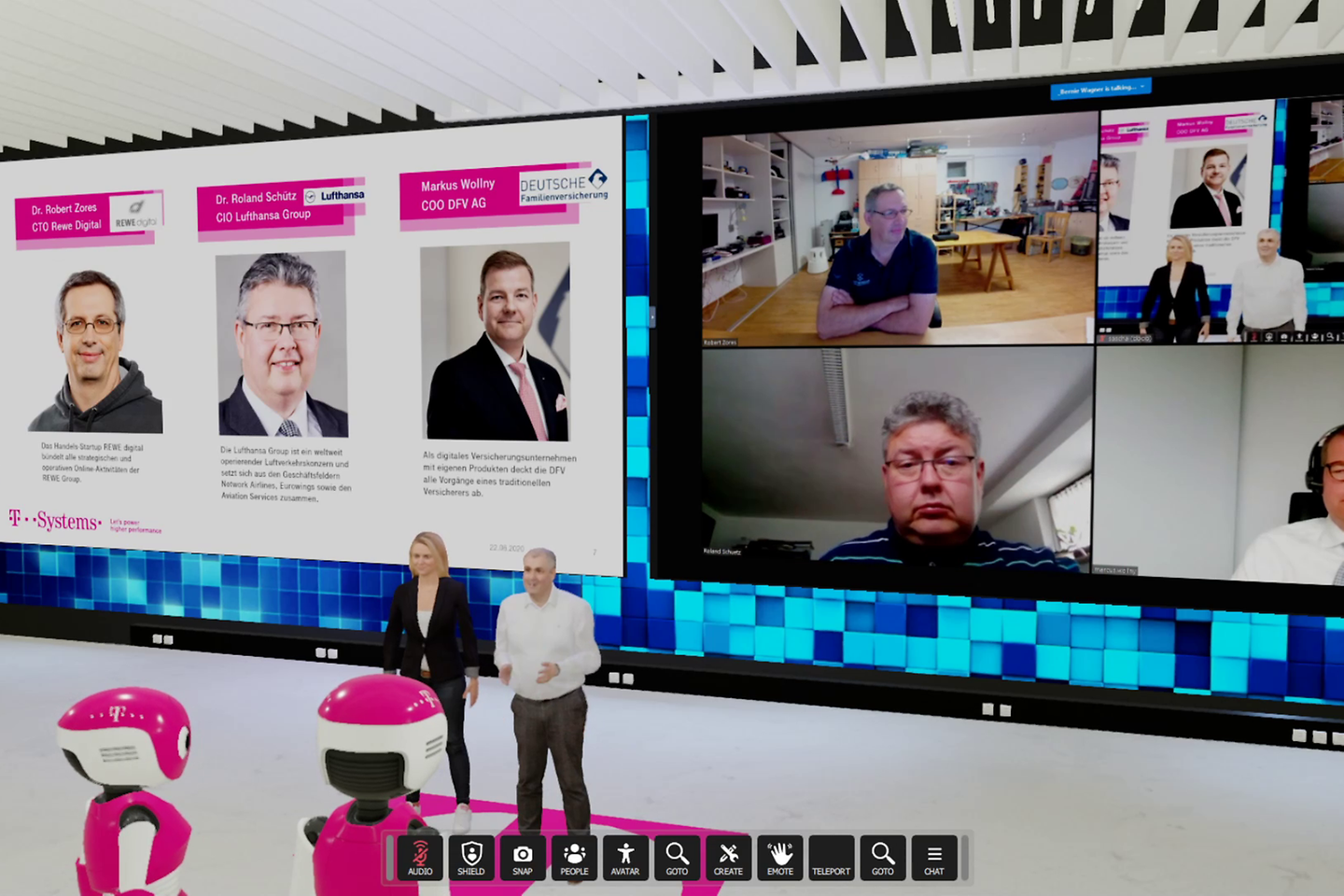Video conference in a virtual room with two people on a screen via webcam and two virtual moderators standing in the room
