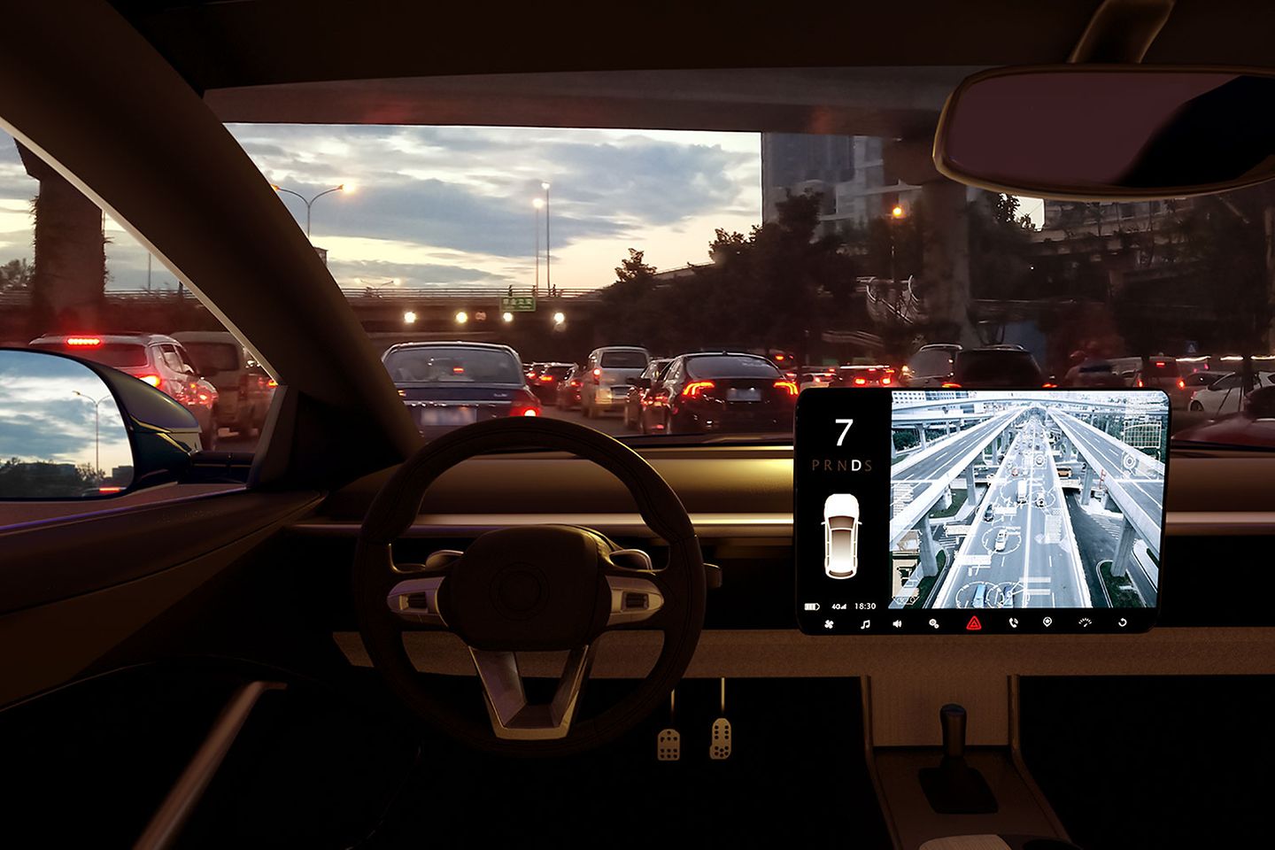  Inside view of a car driving autonomously