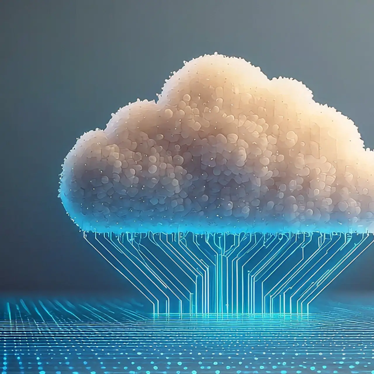 Un nuage numérique assis sur une grille lumineuse