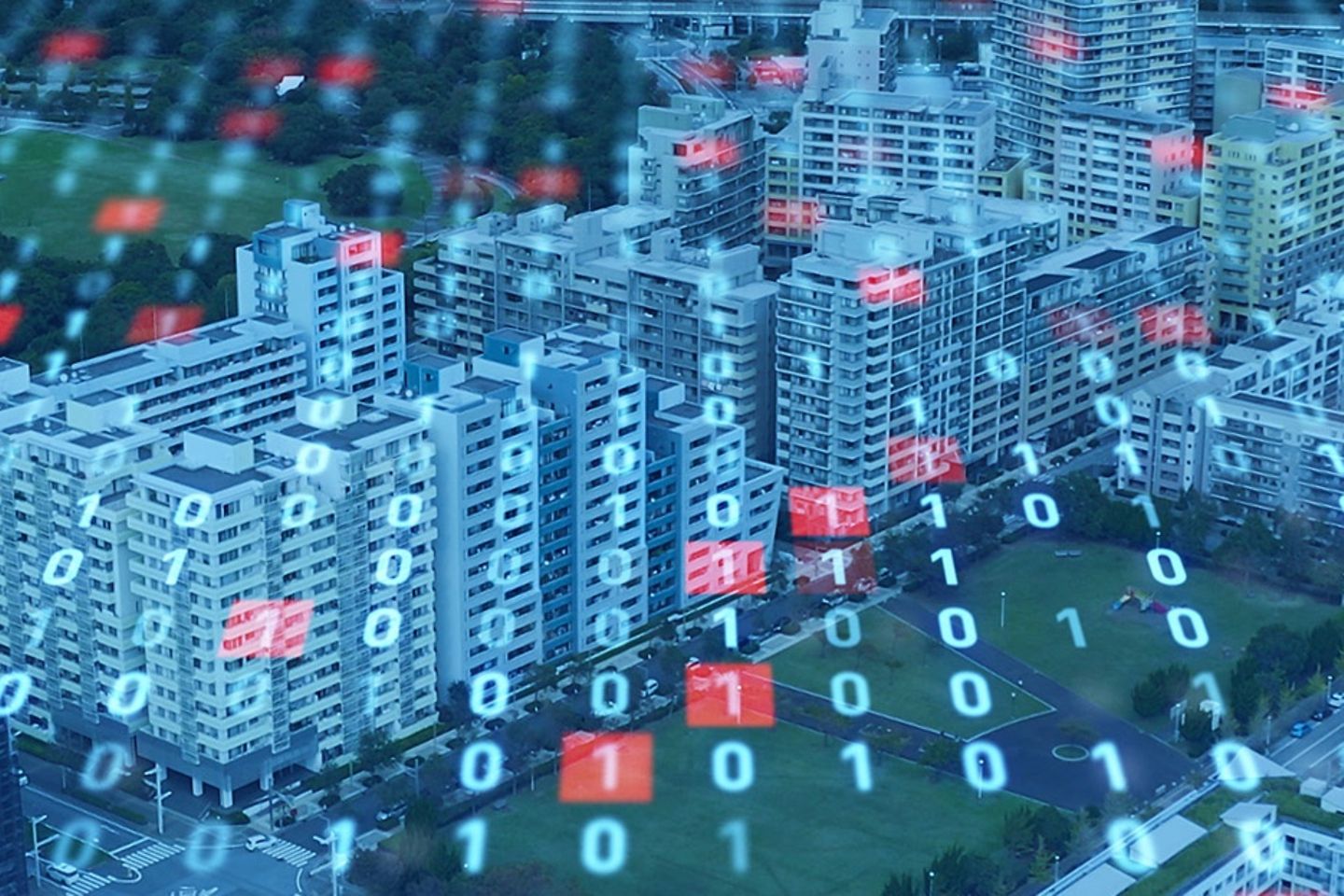 Bird's eye view of high-rise landscape over which binary codes fly. 