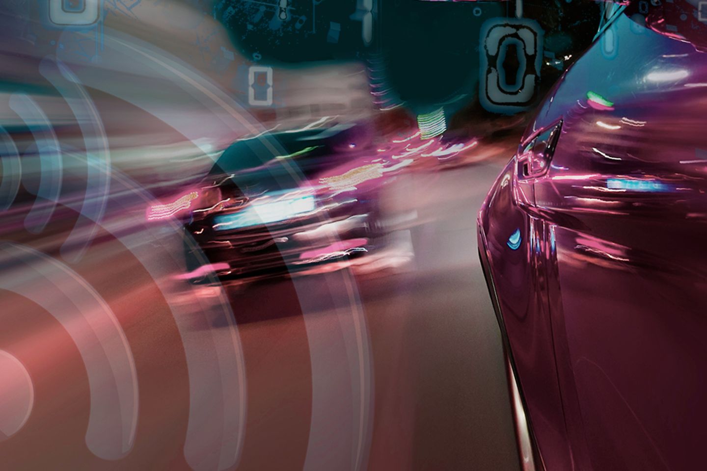 Rotes fahrendes Auto rechts im Bild, links vorbeifahrende Autos und ein Wifi-Symbol