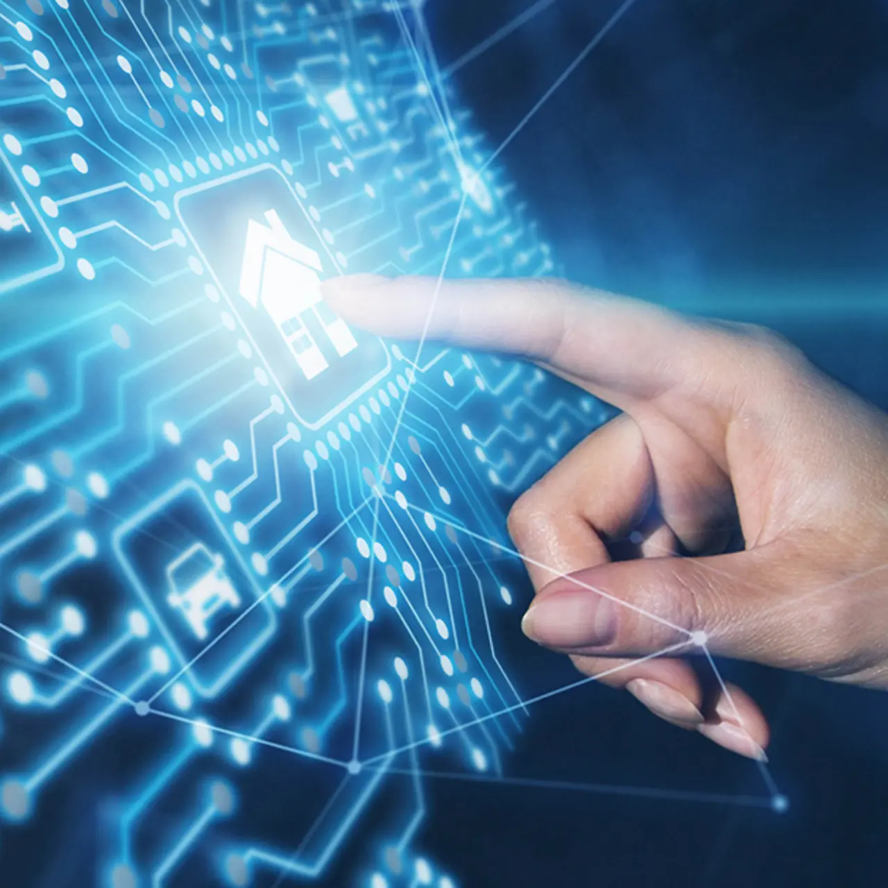 Una mano tocando un cuadro de mandos virtual con iconos.