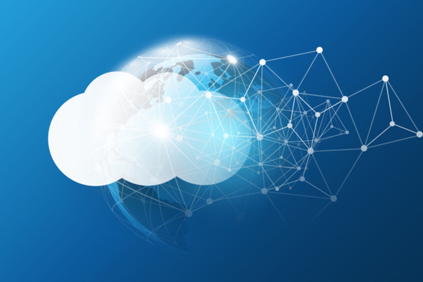 Graphical representation of a cloud and a network in front of a globe.