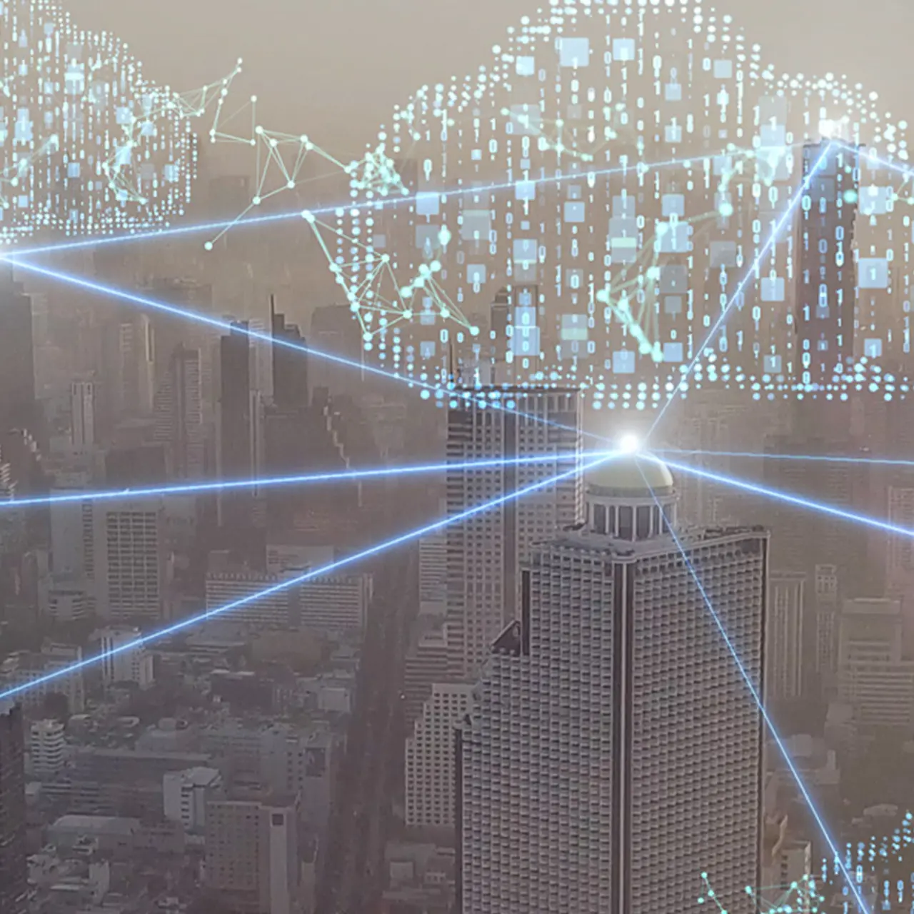 Virtual representation of interconnected clouds in front of a city, view from the air.