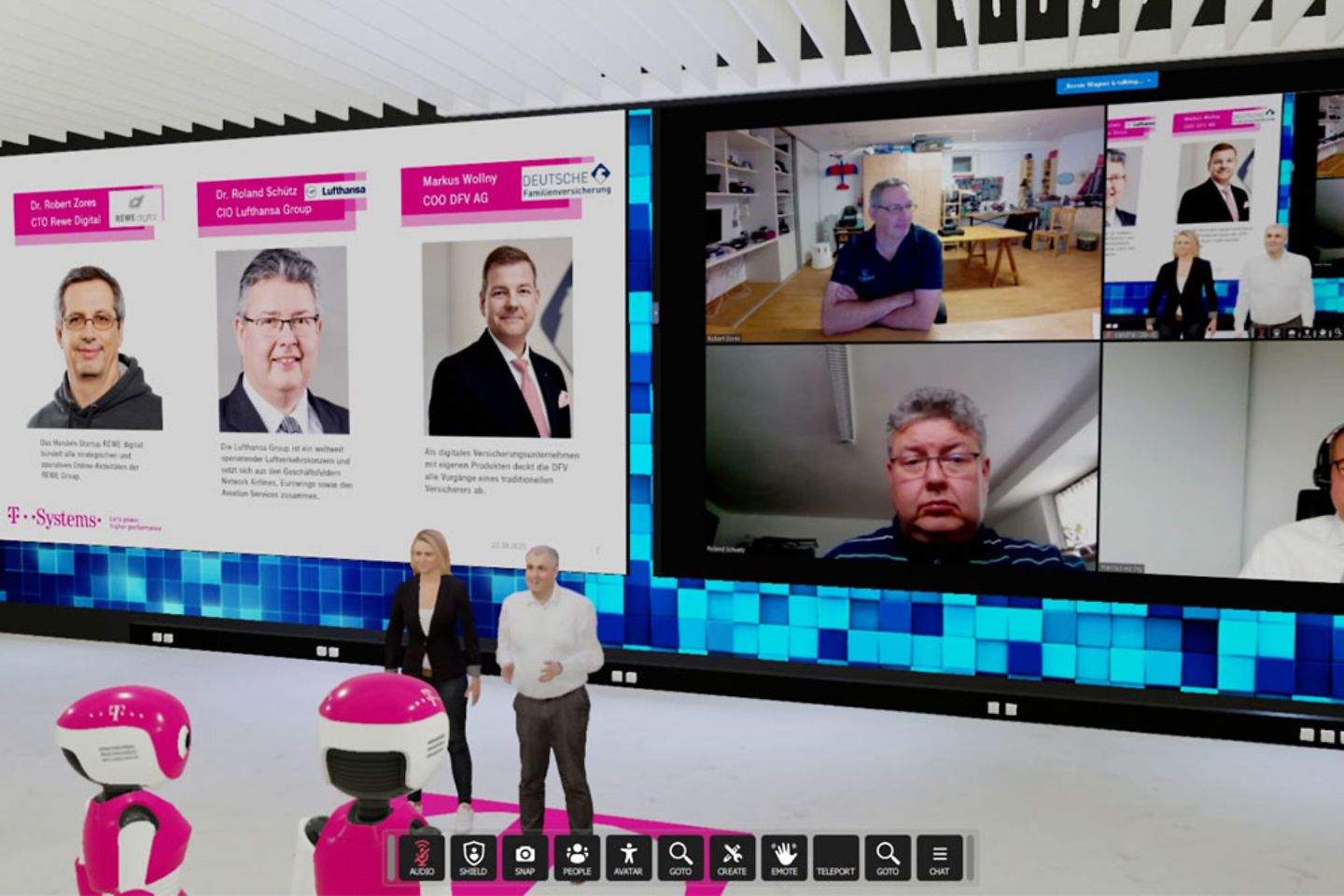 Vidéoconférence dans une salle virtuelle avec deux personnes sur un écran via webcam et deux animateurs virtuels