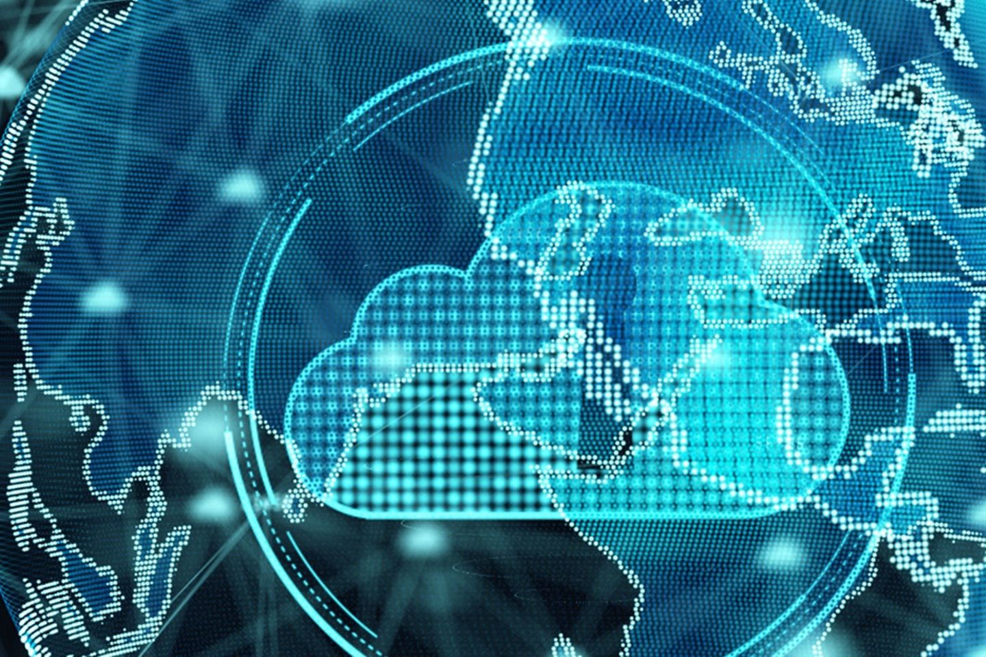 Représentation virtuelle du globe terrestre derrière un nuage portant le symbole d'un cadenas