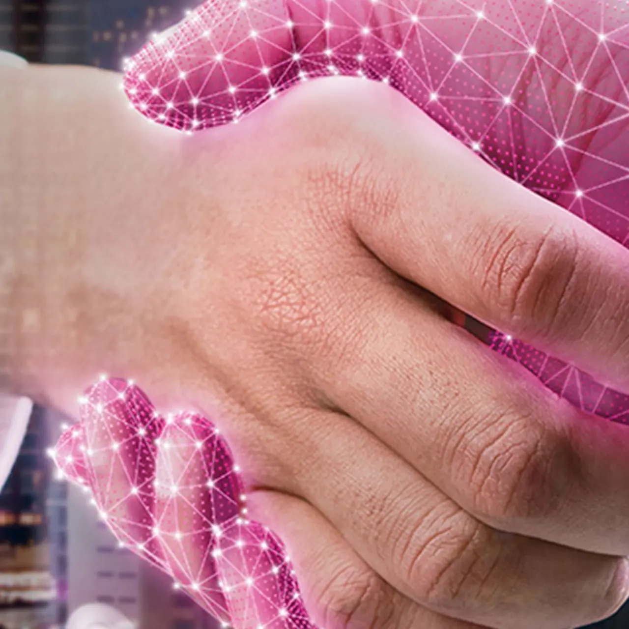 Mannelijke hand schudt virtuele, magentakleurige hand