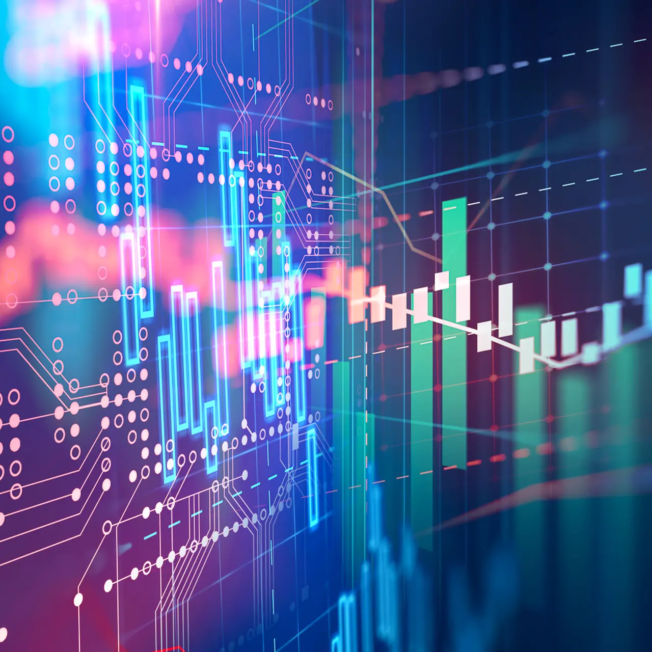 Gevisualiseerde datastromen, staafdiagrammen in artistieke vervaging