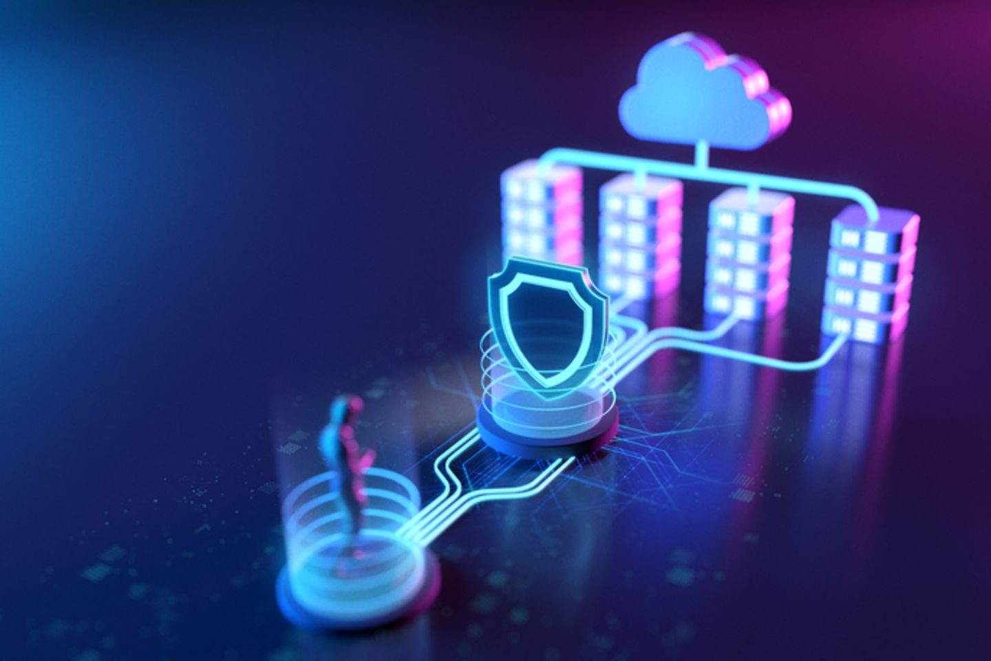Digital diagram: Man connected to office buildings and cloud via network with protective shield.