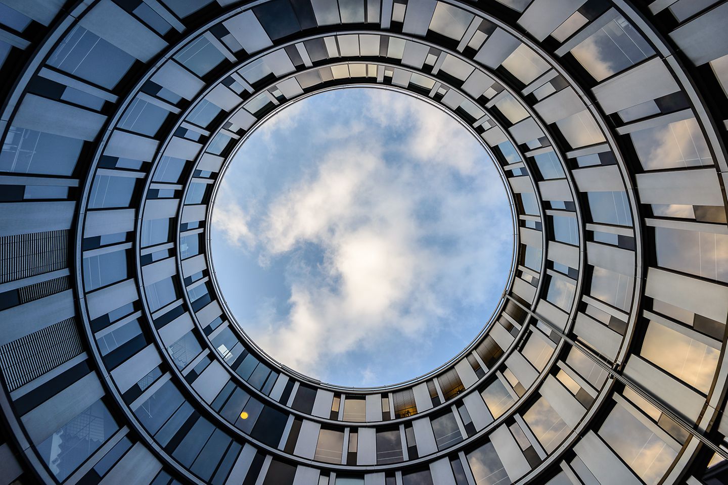 View upwards in fisheye optics at a building window front