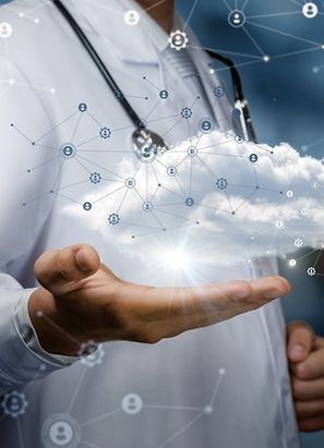 A medical professional holds a data cloud in his hand
