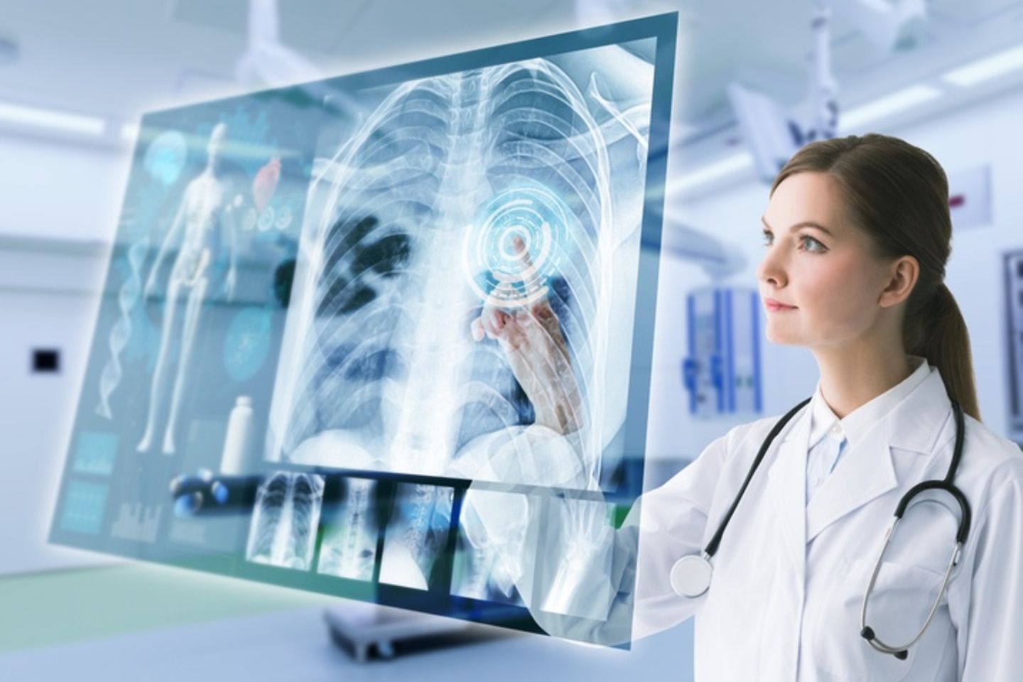 A female doctor taps an X-ray image on a virtual interface.