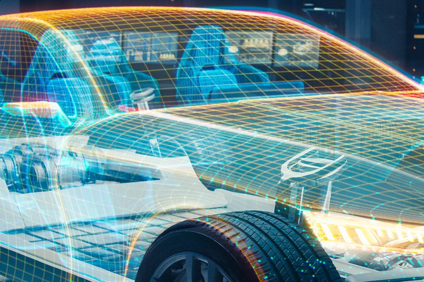 Hologramme d'automobile futuriste dans un atelier.