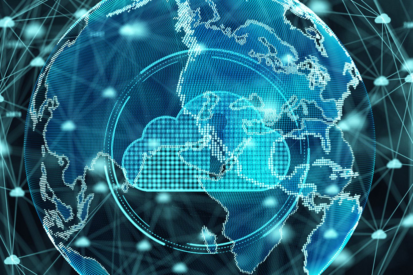 Representación virtual de una bola del mundo con una nube delante con el símbolo de un candado