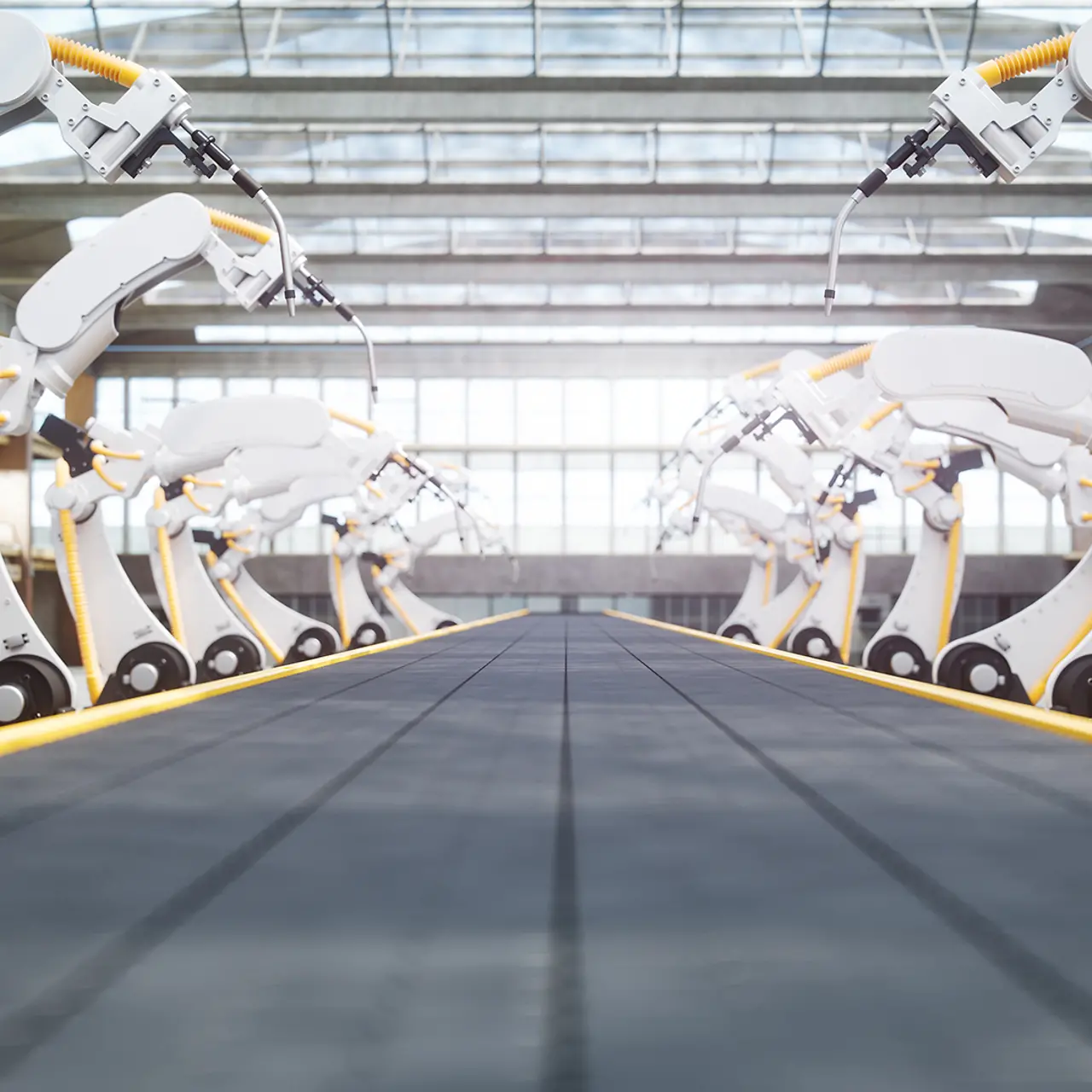 Several robot arms in an otherwise empty factory.