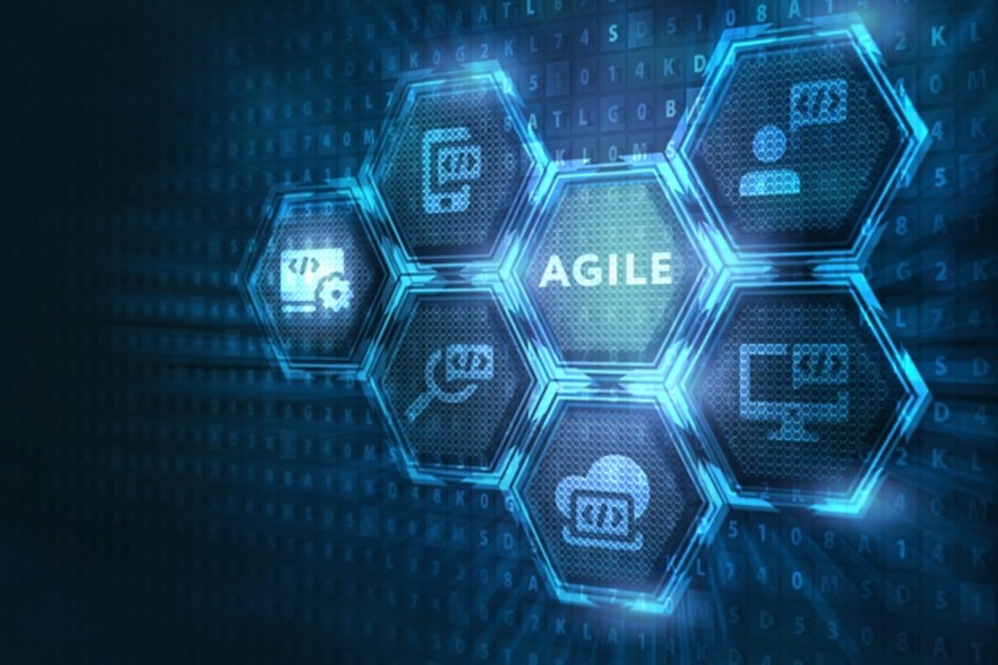 Mosaicos digitales con diferentes iconos, el del medio indica «agile».