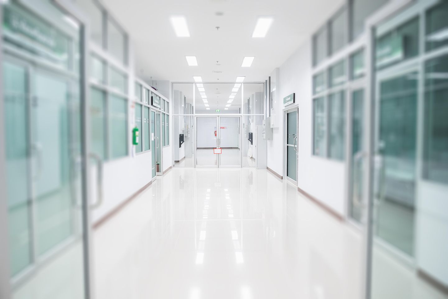 Brightly lit hospital corridor