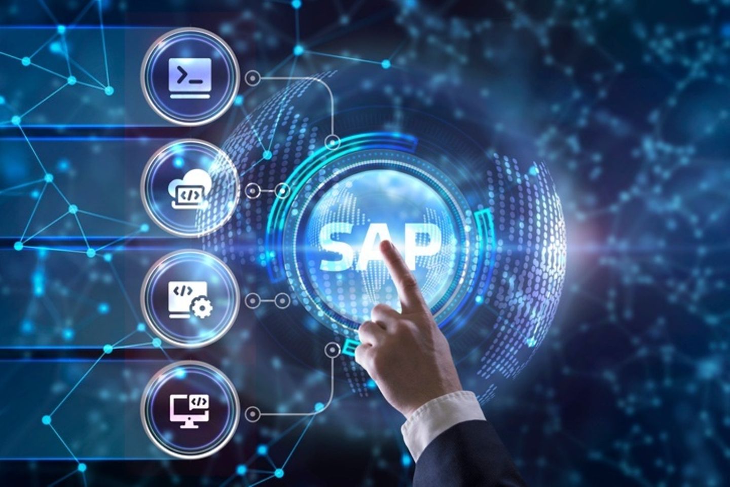 Dedo pulsando un símbolo virtual de SAP con otros iconos al lado