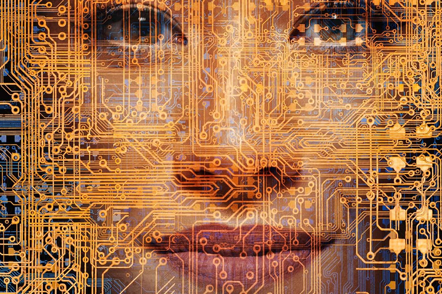 Female face behind a golden circuit board