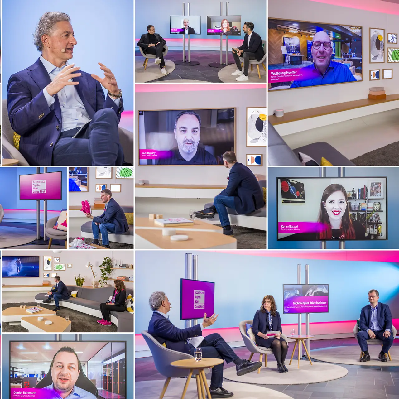 A collage of pictures from the online event with the participating guests