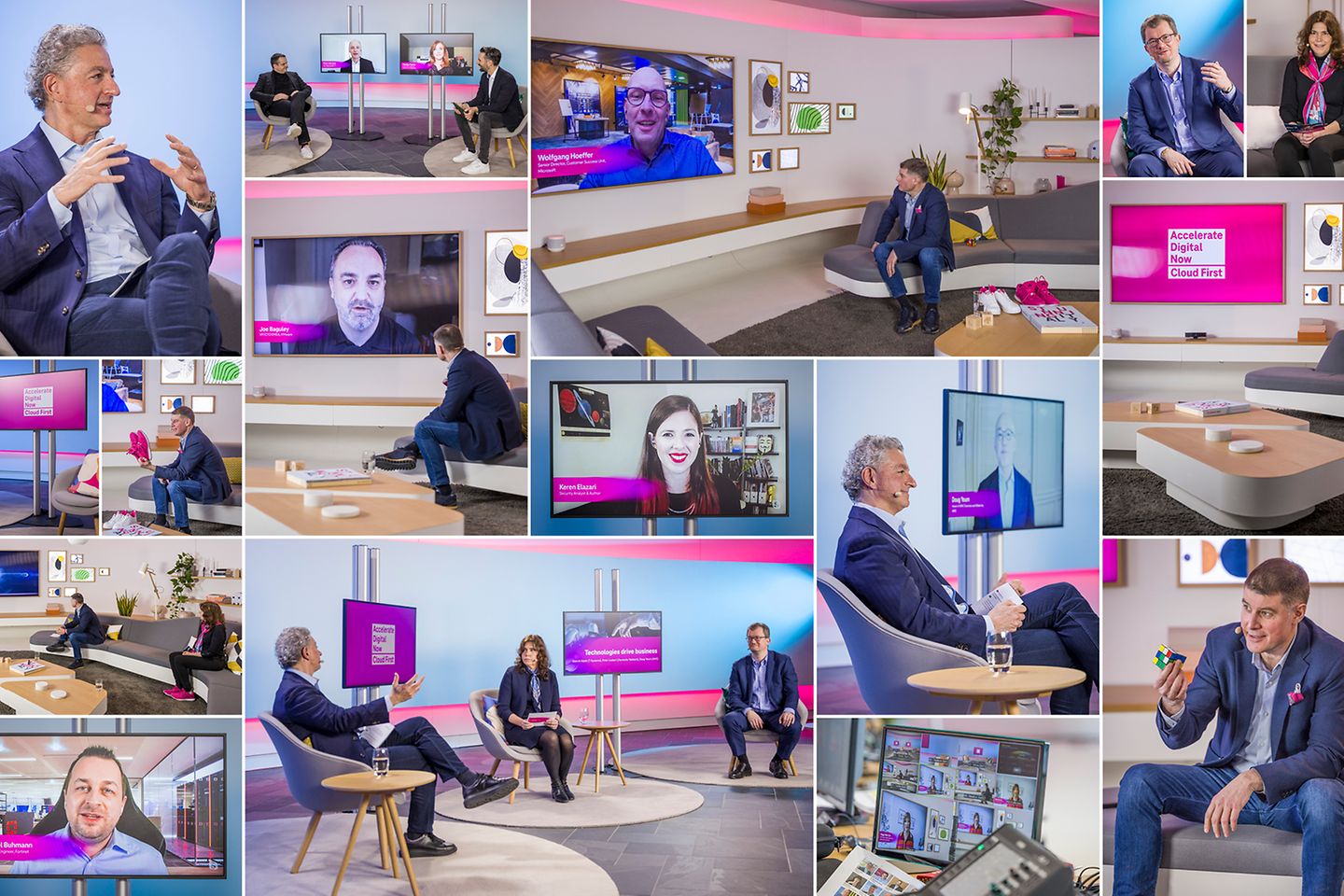 A collage of pictures from the online event with the participating guests
