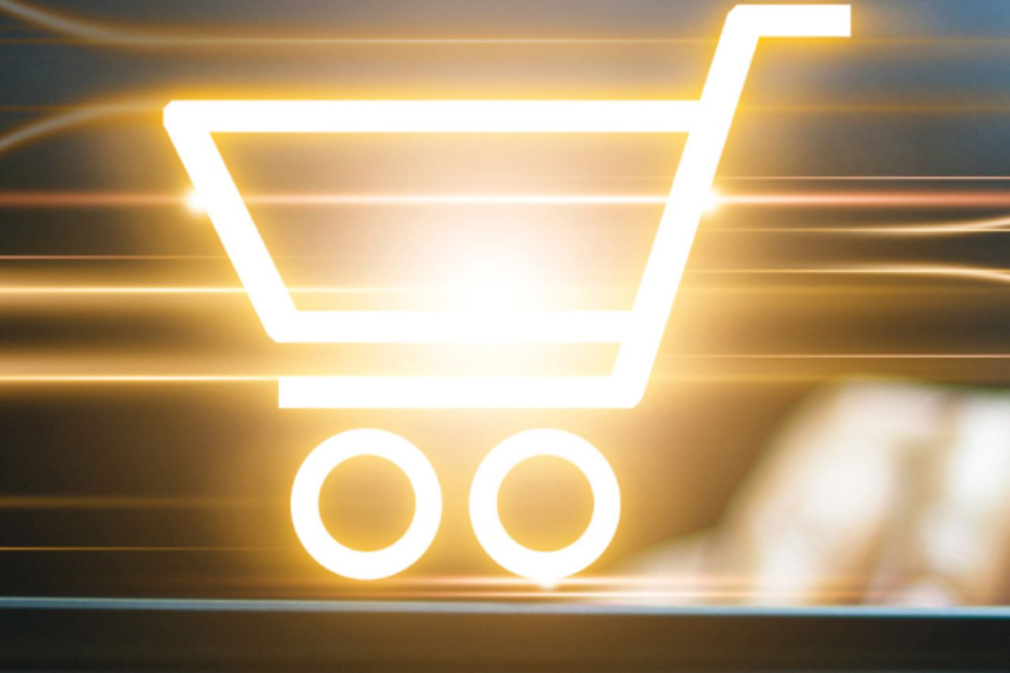 Hands on a tablet with glowing shopping cart icon. More icons and bright lines in the background