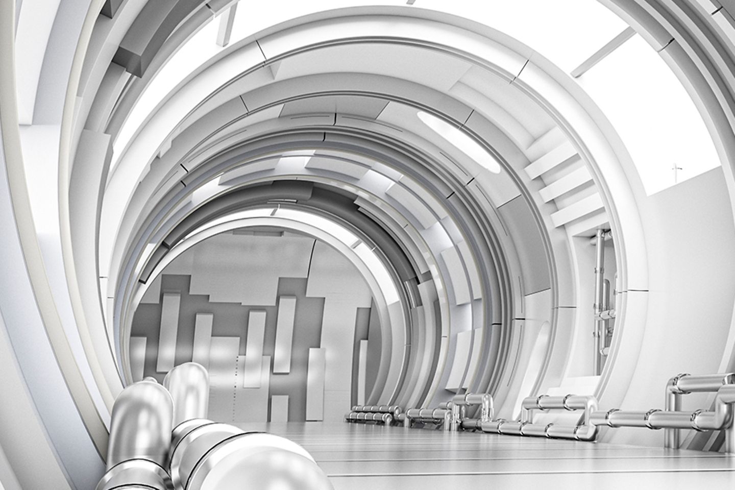 Blick in weißen futuristischen Tunnel aus Metall.
