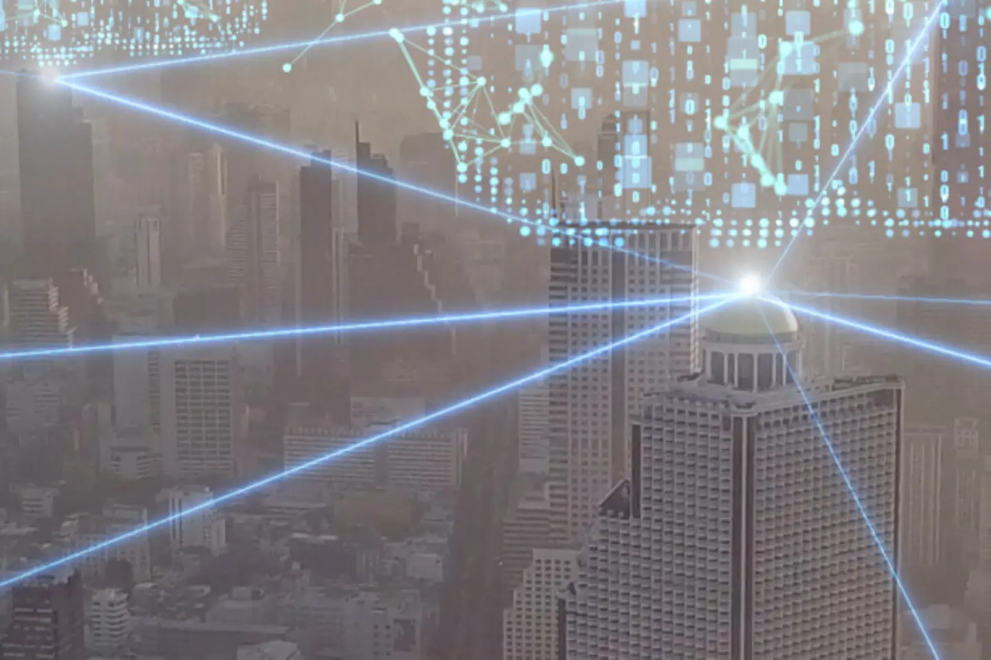 Digital clouds connected with lines, with a skyline in the background 