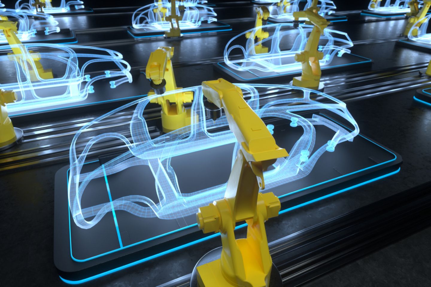 Yellow robots build digital vehicles 
