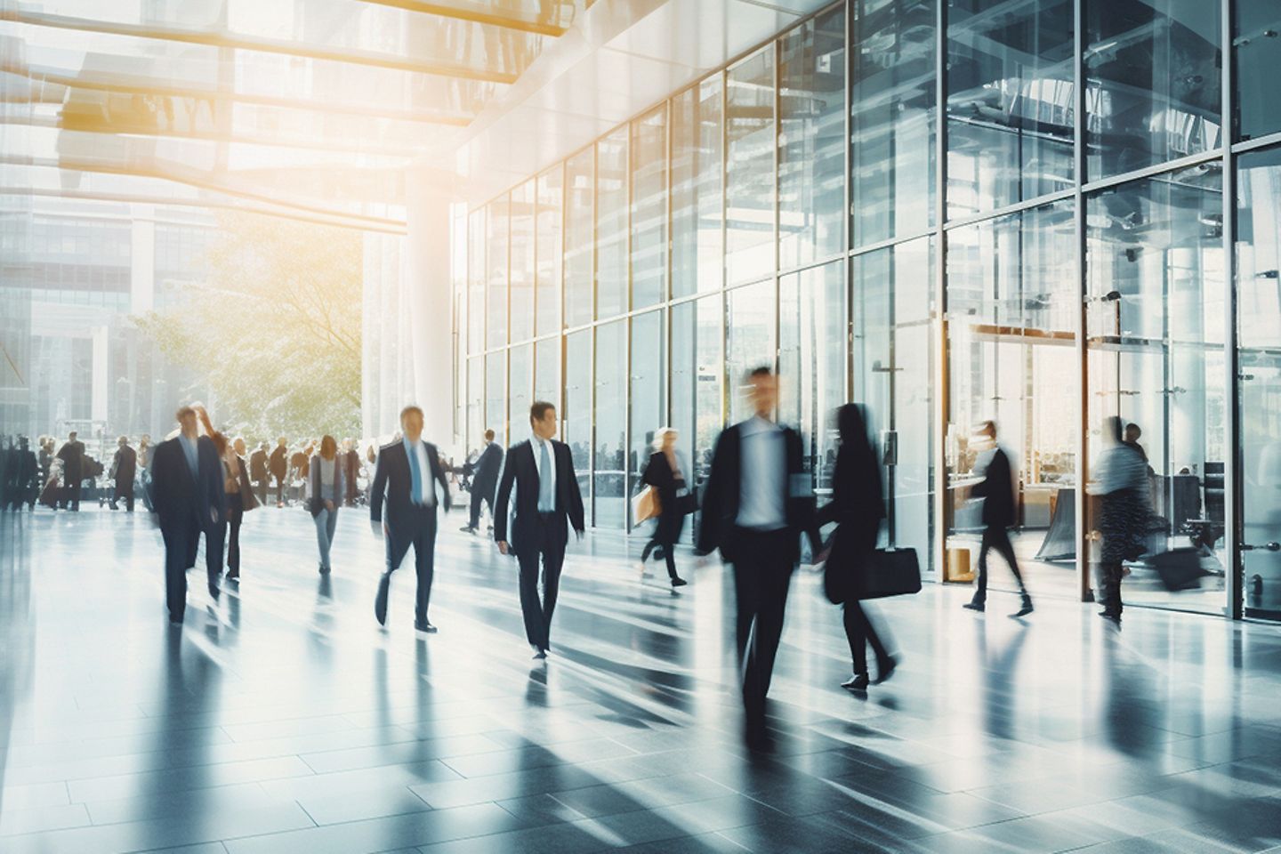 Business people on the move in front of a glass office building