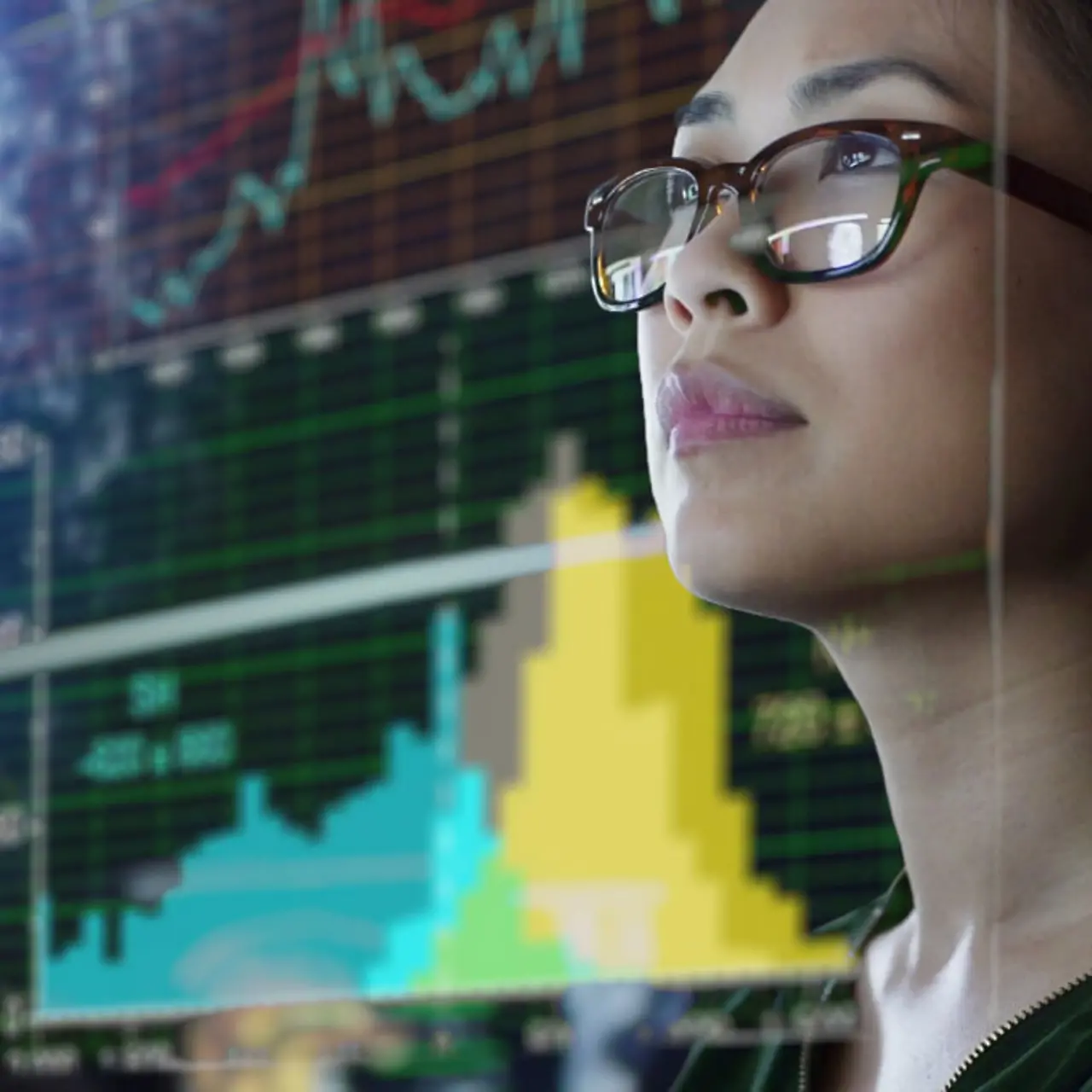 Woman looking at hologram global- and environmental data