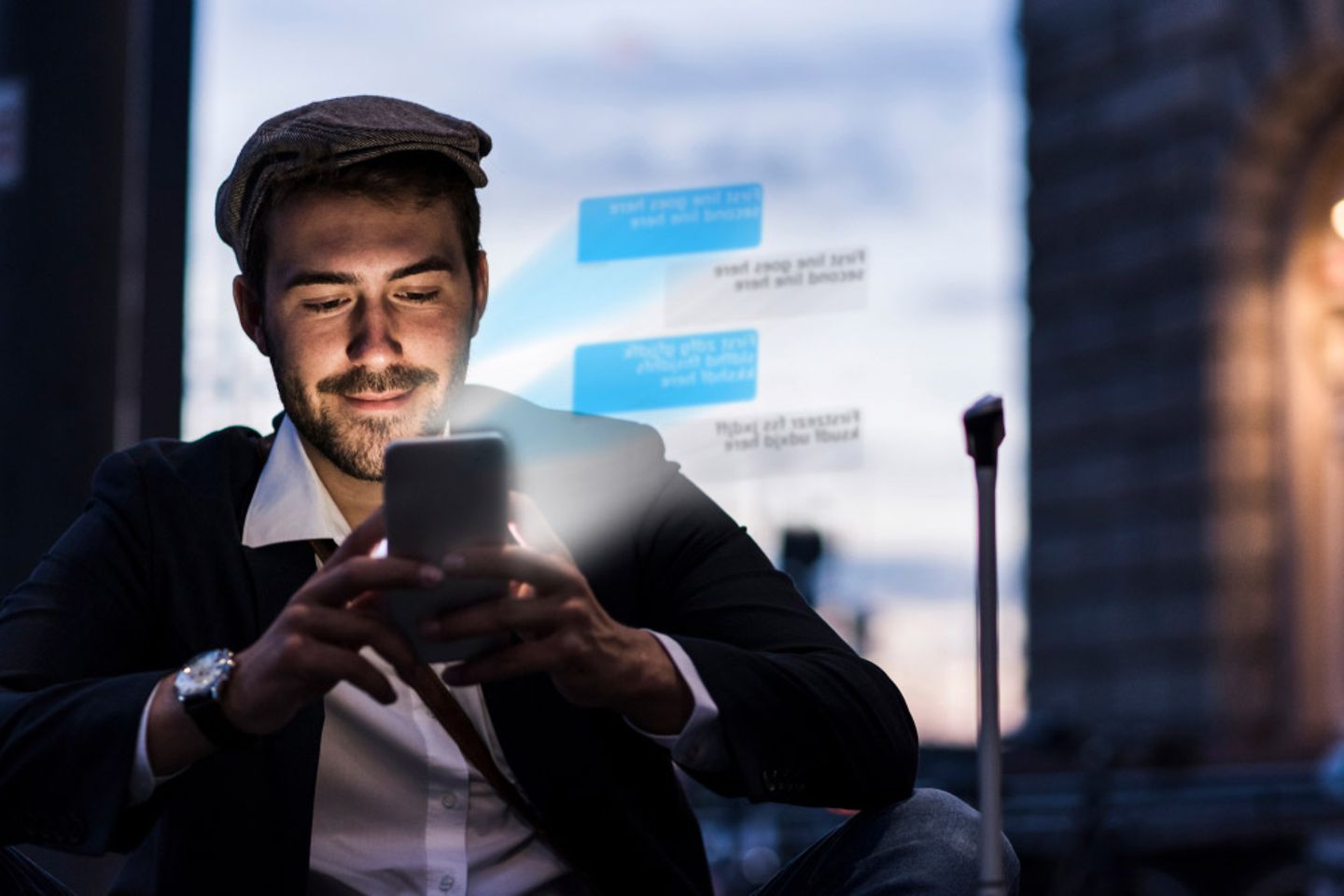 A man smiling at his phone while chatting