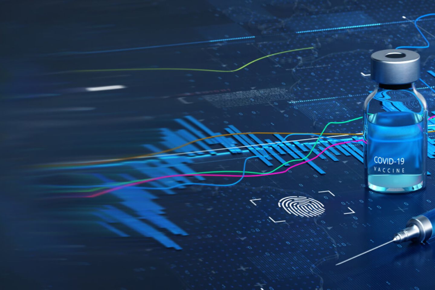 Syringe and bottle with Covid-19 vaccine standing on dark blue data surface