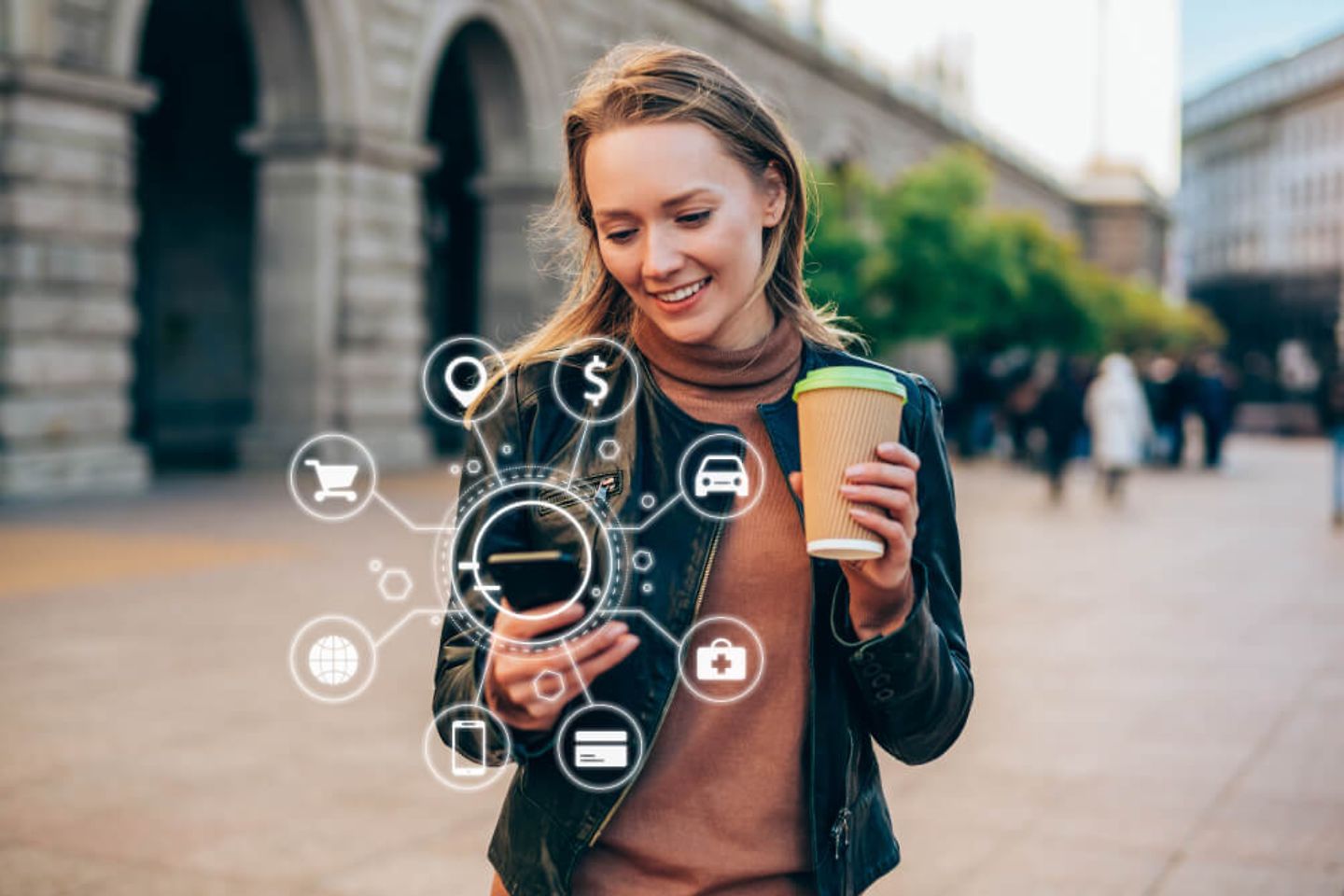 A woman holding a coffee mug and a cell phone surrounded by various symbols