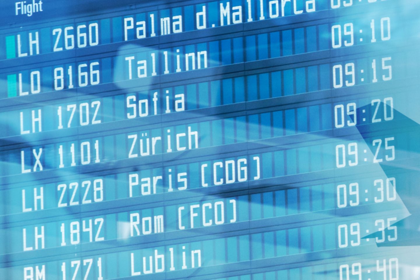 Airport information board with shadow of an airplane.