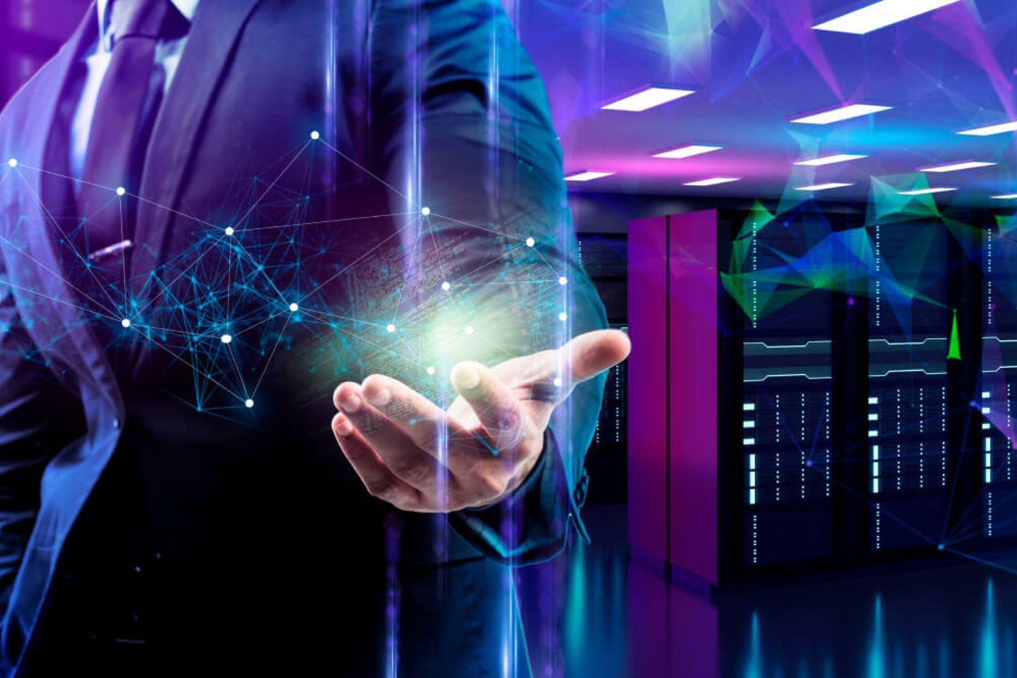businessman in front of abstracted data center
