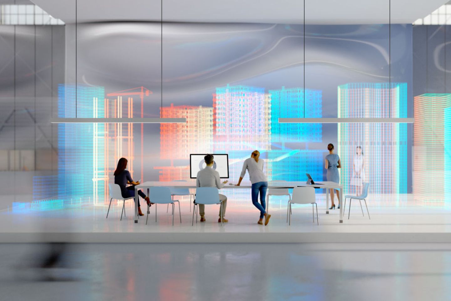 Fünf Menschen stehen und sitzen in einem futuristischen Büro mit einer bunten Stadtsilhouette im Hintergrund