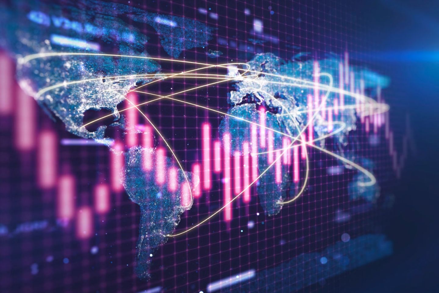 Stock market diagram on an illuminated world map with connectivity network.