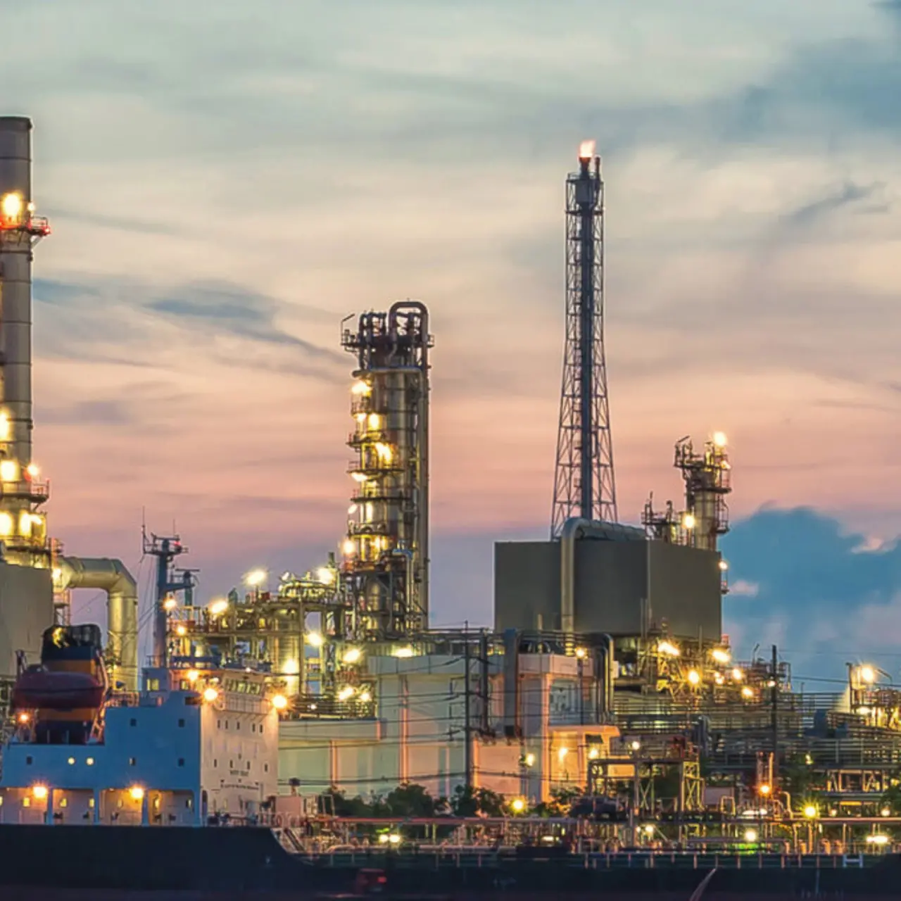 Refinería petrolera y planta petroquímica al amanecer
