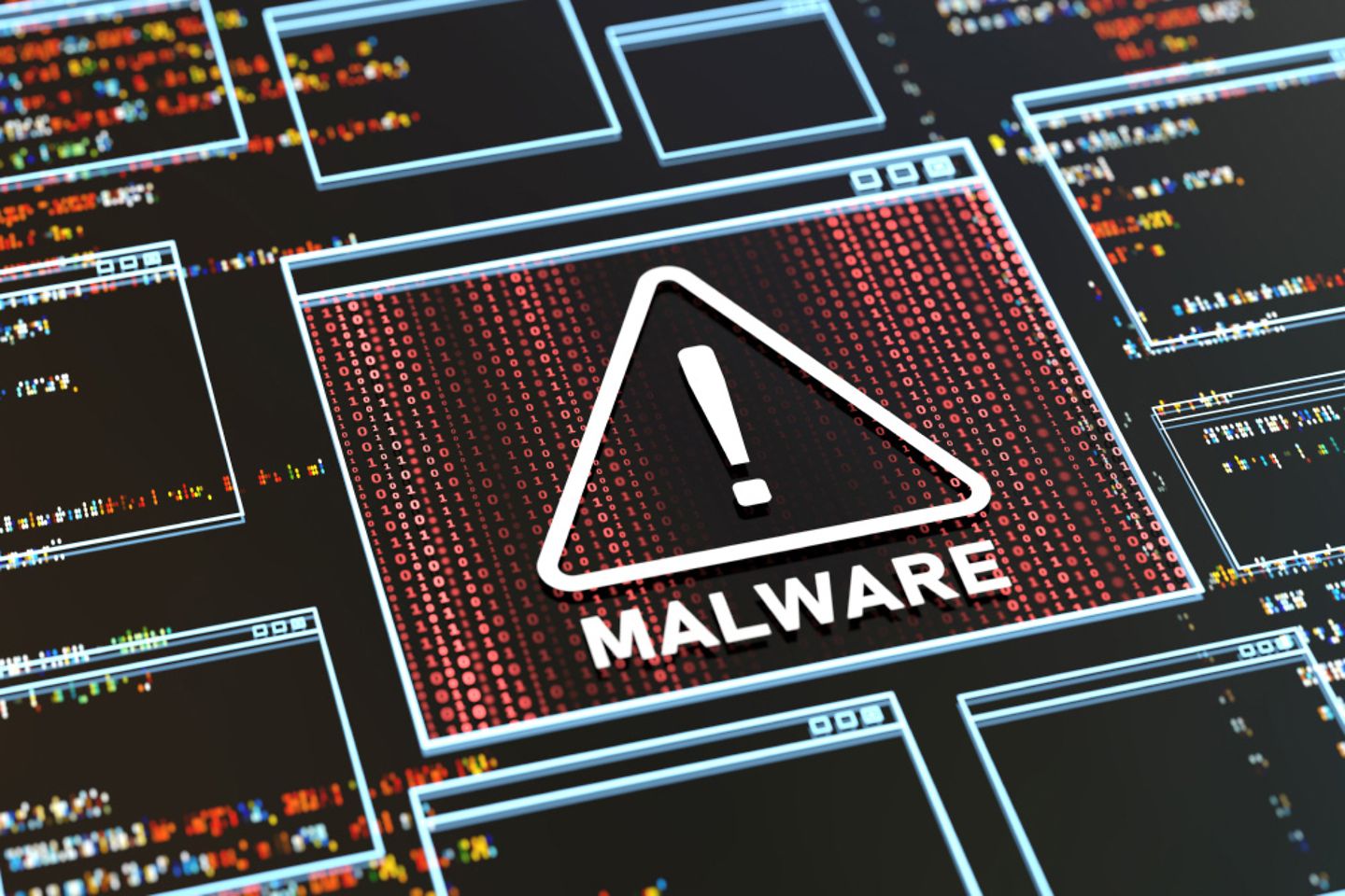 Ein digitales Fenster min einem großen Warnzeichen und der Beschreibung Malware 