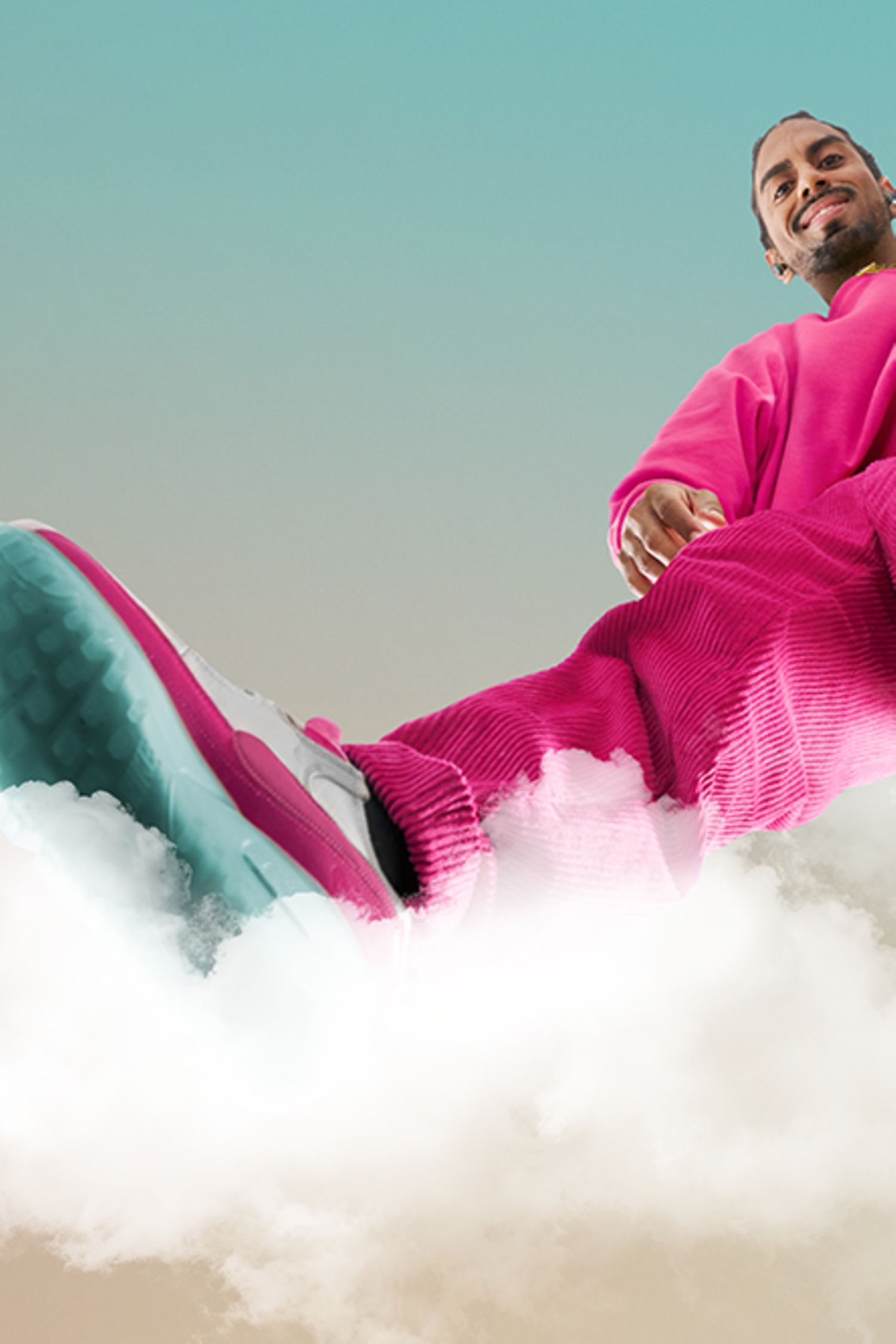 A person in a pink outfit stands on a cloud