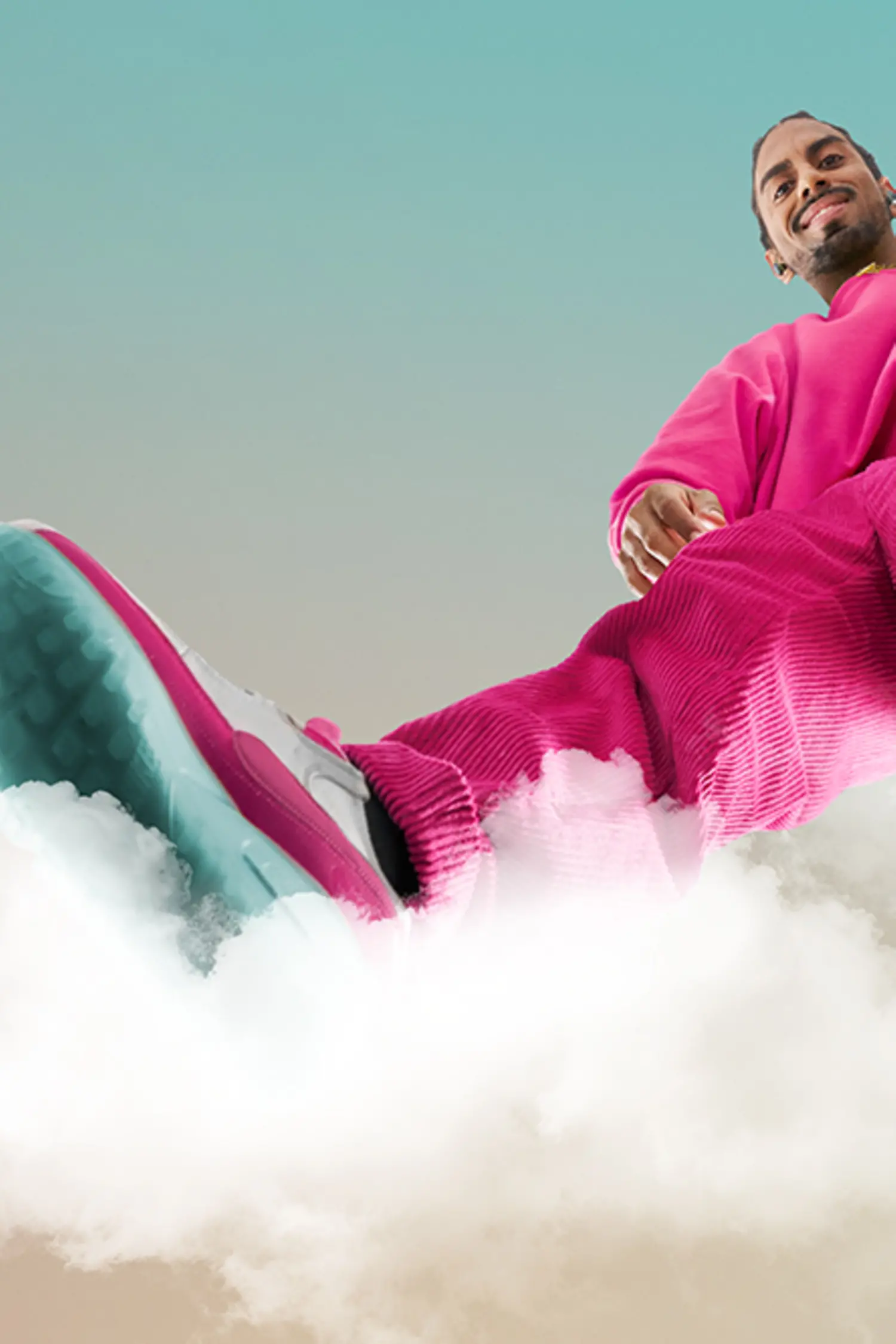 A person in a pink outfit stands on a cloud