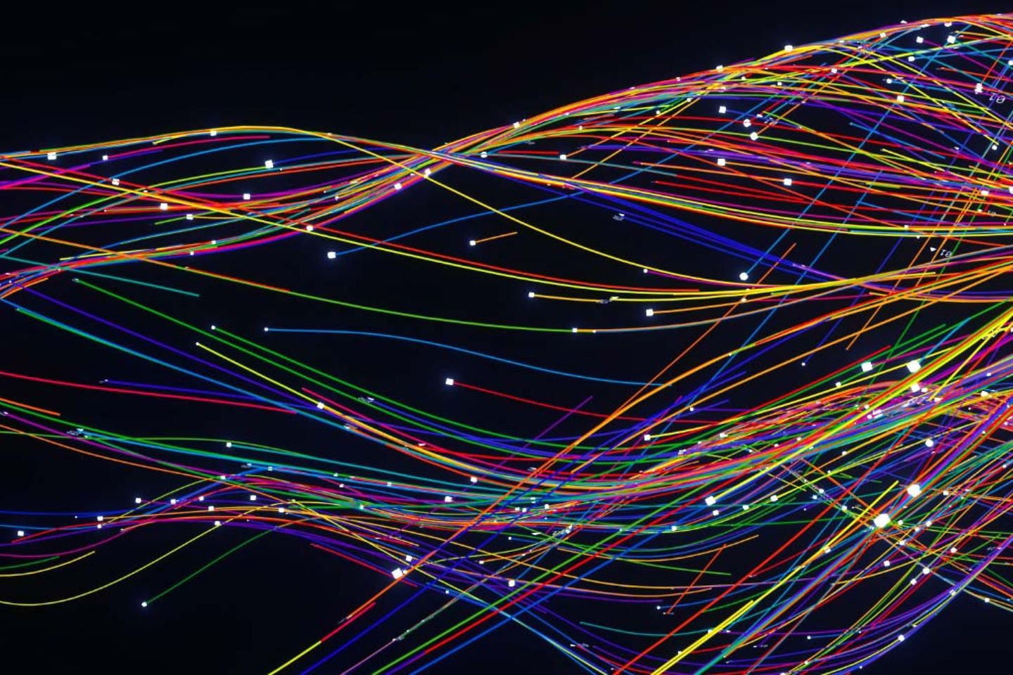 Abstract flowing data made out of numbers and glowing turbulent multi coloured splines on black background.