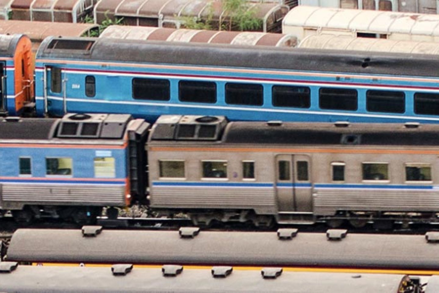 Many trains in a railway station